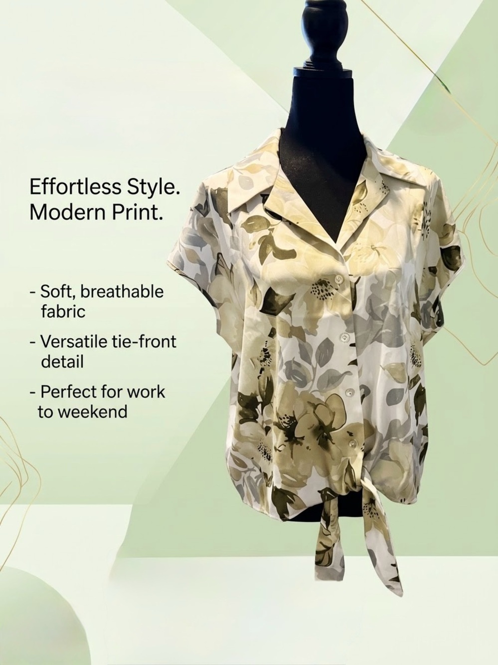 Source Unknown Tie-Front Floral Blouse in Beige & Olive